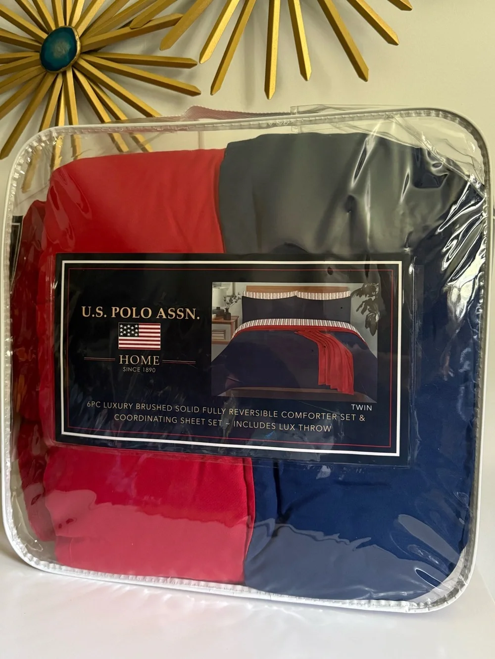 U.S. Polo Assn Home Twin 6Pc Navy Red Reversible Comforter Set Plush Throw NIP